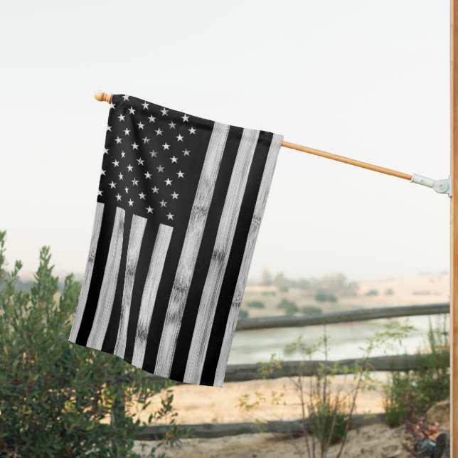 USA Rustic Wood Black White Patriotic America House Flag (Insitu (Back))