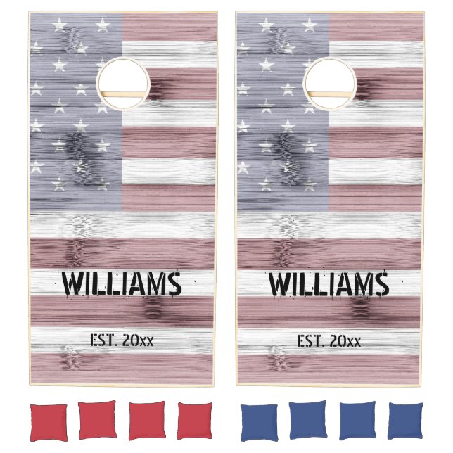 USA Rustic Wood flag America Your Family name Cornhole Set (Set)