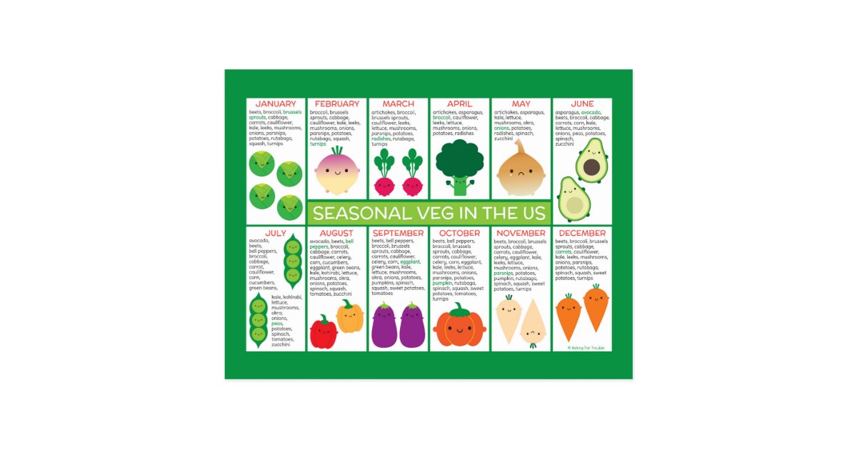 USA Seasonal Vegetables Chart Postcard