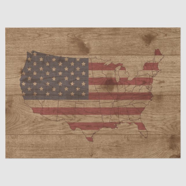 USA Shape American Flag Over Rustic Wood Patriotic Tissue Paper (Front)