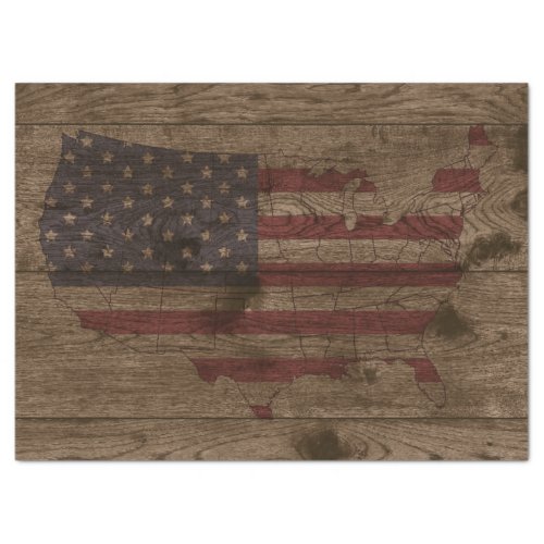 USA Shape American Flag Over Rustic Wood Patriotic Tissue Paper