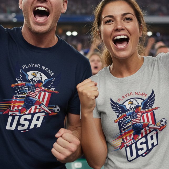 USA Soccer Eagle Dynamic Patriotic Sports Graphic  T-Shirt (Use Personalized to change color/font.
Choose a color that matches the background color of shirt)