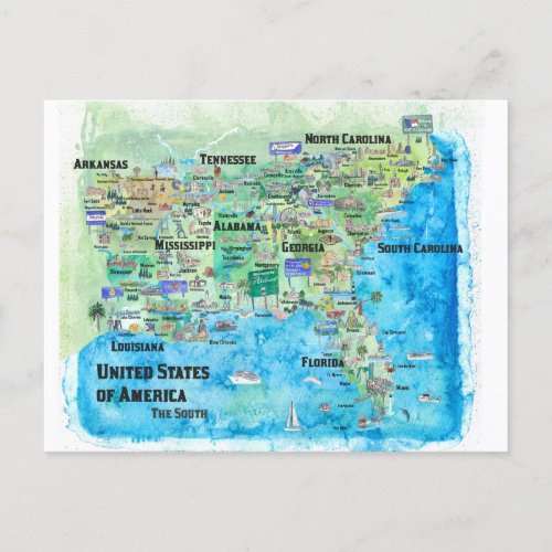 USA Southern States Travel Map Florida  Postcard