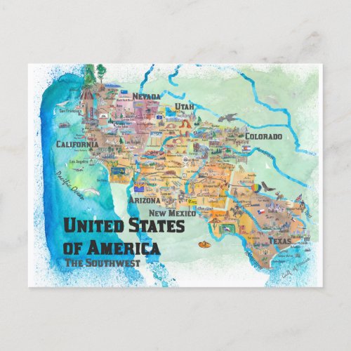 USA Southwest States Travel Illustrated Art Holiday Postcard