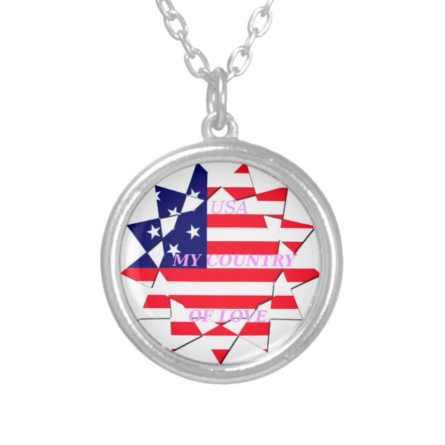 USA Star Spangled Love My Country of Love Silver Plated Necklace (Front)