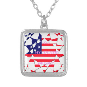 USA Star Spangled Love My Country of Love Silver Plated Necklace