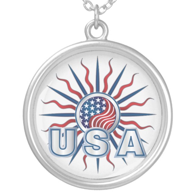 USA Starburst Yin Yang Silver Plated Necklace (Front)