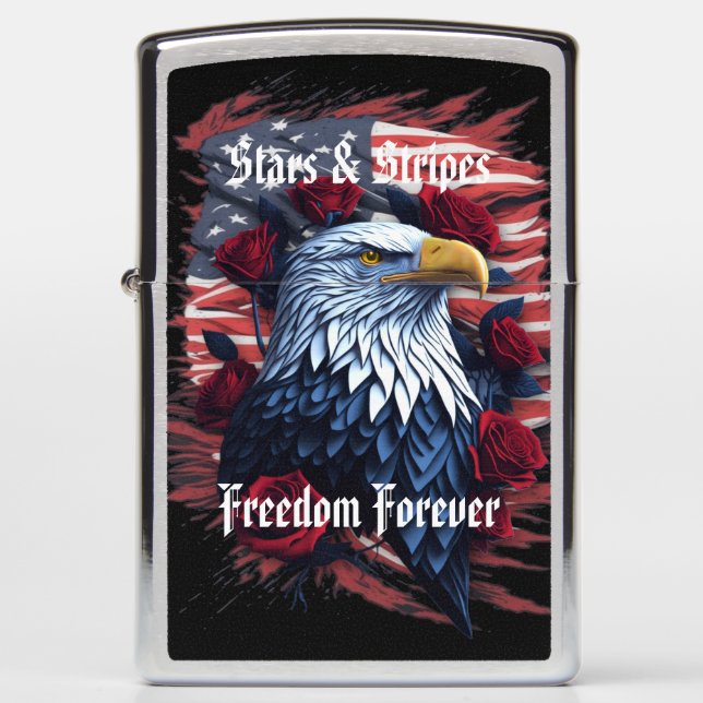 USA Stars & Stripes Flag with Bald Eagle & Roses Zippo Lighter (Front)