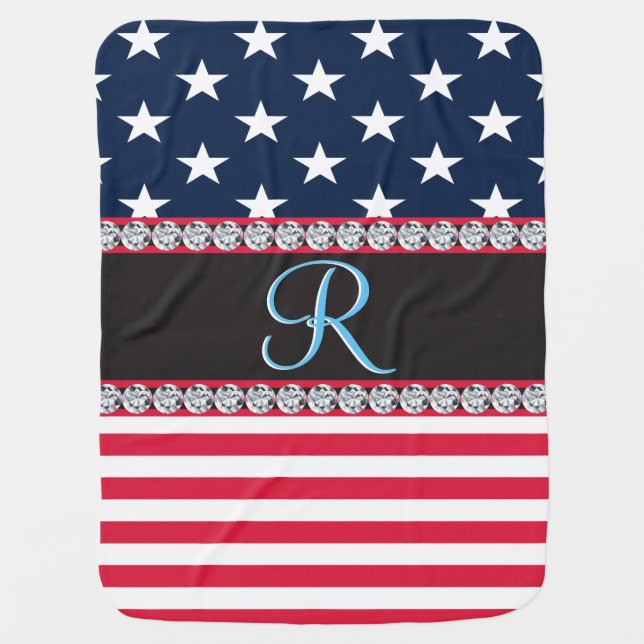 USA Stars Stripes Script Monogram Dazzling Baby Blanket (Front)