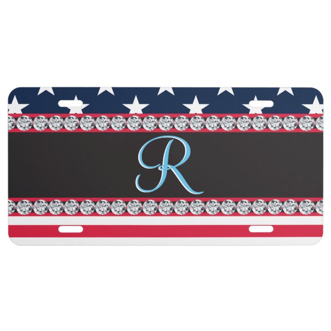 USA Stars Stripes Script Monogram Dazzling License Plate (Front)