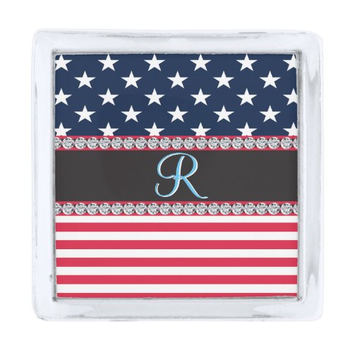 USA Stars Stripes Script Monogram Dazzling Silver Finish Lapel Pin