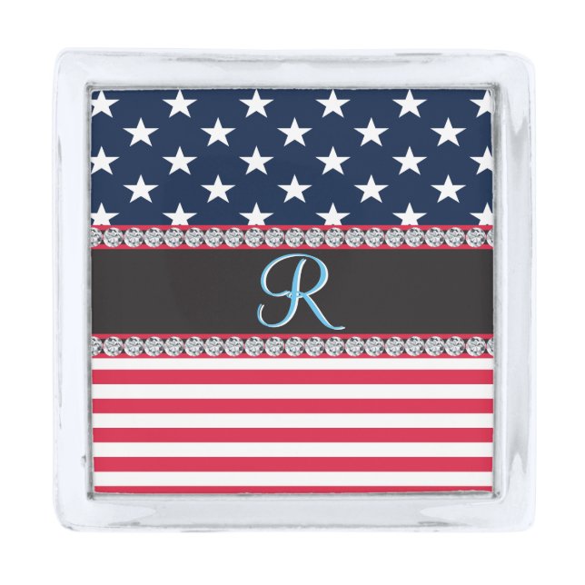 USA Stars Stripes Script Monogram Dazzling Silver Finish Lapel Pin (Front)