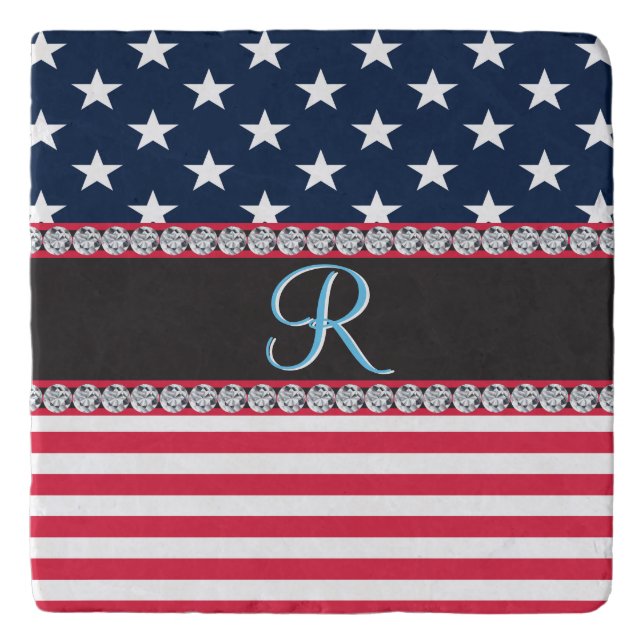 USA Stars Stripes Script Monogram Dazzling Trivet (Front)