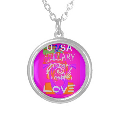 USA Stunning Hillary Stronger Together Baby Pink Silver Plated Necklace