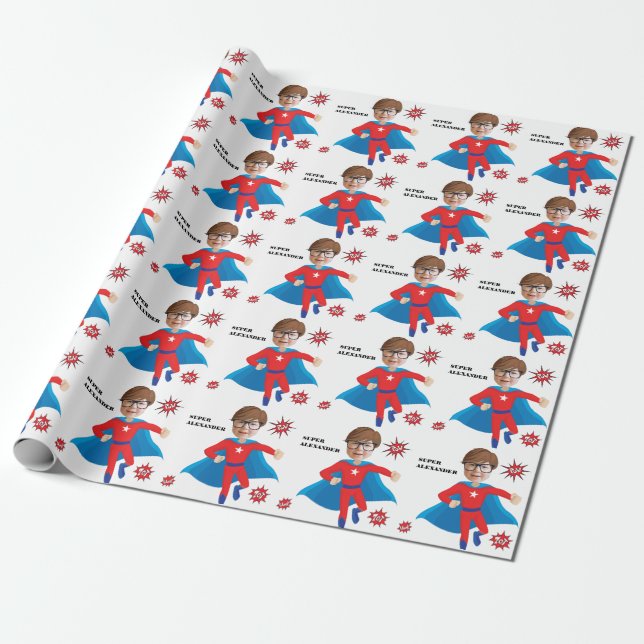 USA Superhero Boy Fab Birthday Tremendous Wrapping Paper (Unrolled)