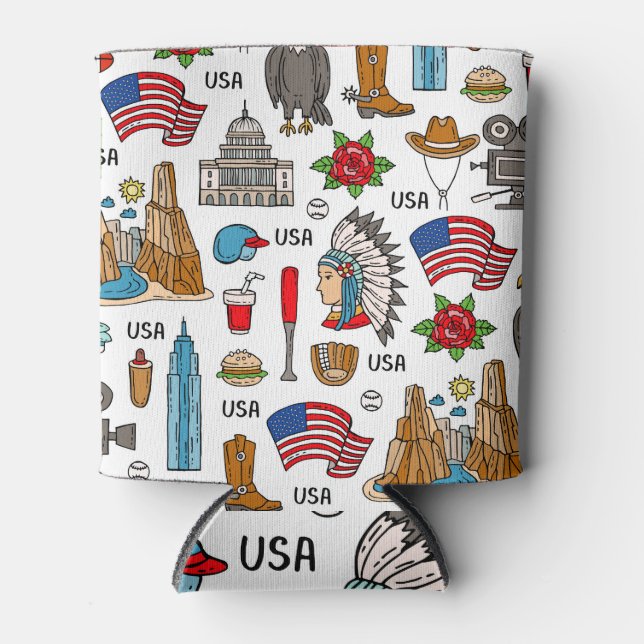 USA Symbols Vintage Seamless Pattern Can Cooler (Front)