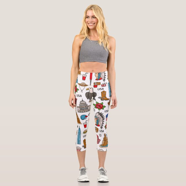USA Symbols Vintage Seamless Pattern Capri Leggings (Front)