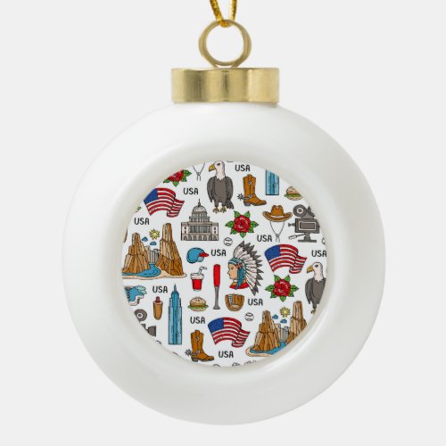 USA Symbols Vintage Seamless Pattern Ceramic Ball Christmas Ornament