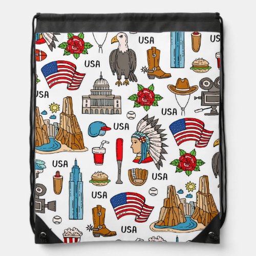 USA Symbols Vintage Seamless Pattern Drawstring Bag