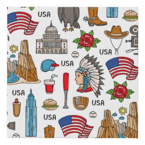 USA Symbols Vintage Seamless Pattern Faux Canvas Print