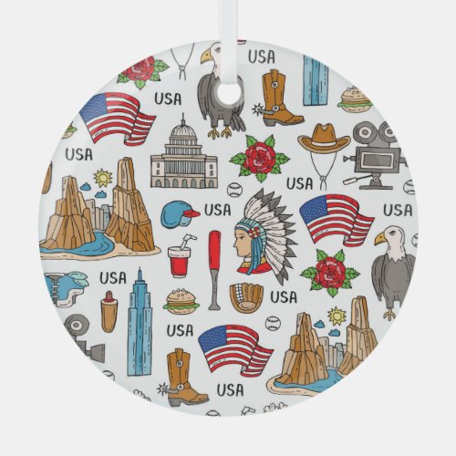 USA Symbols Vintage Seamless Pattern Glass Ornament