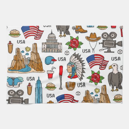 USA Symbols Vintage Seamless Pattern Kitchen Towel