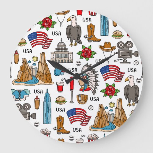 USA Symbols Vintage Seamless Pattern Large Clock