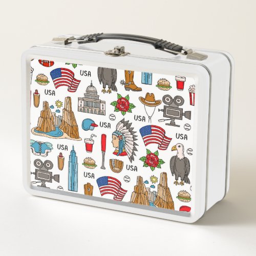 USA Symbols Vintage Seamless Pattern Metal Lunch Box