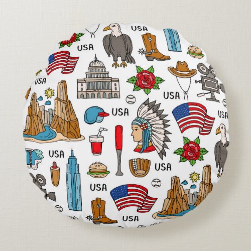USA Symbols Vintage Seamless Pattern Round Pillow