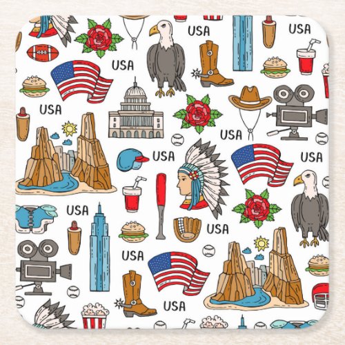 USA Symbols Vintage Seamless Pattern Square Paper Coaster