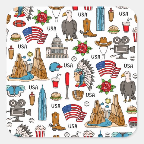 USA Symbols Vintage Seamless Pattern Square Sticker
