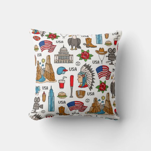 USA Symbols Vintage Seamless Pattern Throw Pillow