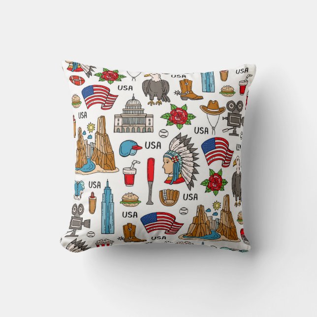 USA Symbols Vintage Seamless Pattern Throw Pillow (Front)