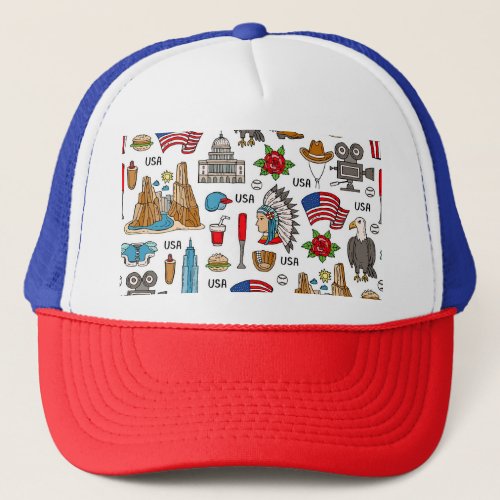 USA Symbols Vintage Seamless Pattern Trucker Hat