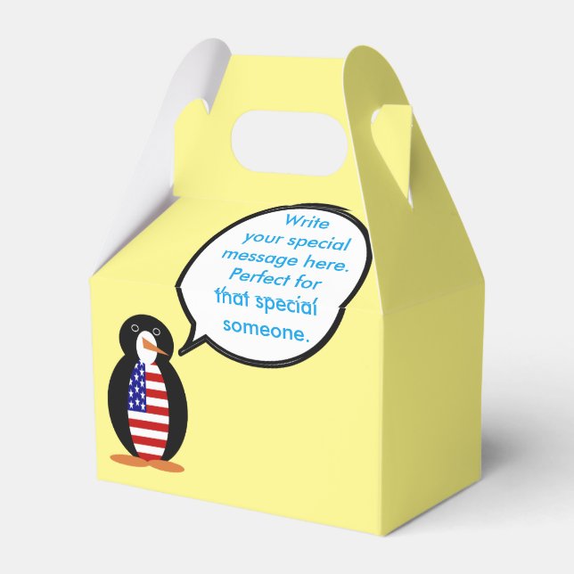 USA Talking Ms. Penguin Personalized Favor Boxes (Back Side)