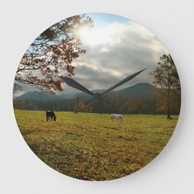 USA, Tennessee. Horses In Cades Cove Valley Large Clock (Front)