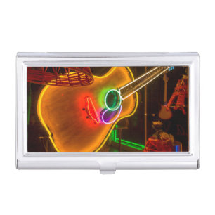 USA, Texas, Austin. Neon Guitar At Blackmail Business Card Holder