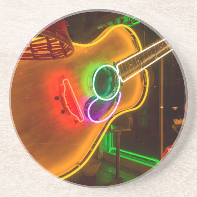 USA, Texas, Austin. Neon Guitar At Blackmail Drink Coaster (Front)