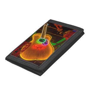 USA, Texas, Austin. Neon Guitar At Blackmail Trifold Wallet