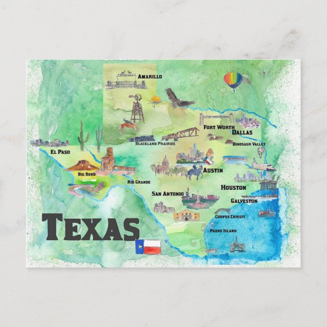 USA Texas Travel Map with Highlights Postcard (Front)
