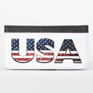 USA text flag blue and red glitters sparkles iPhone X Wallet Case