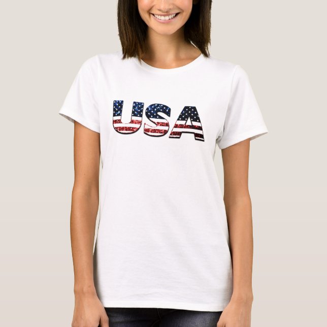 USA text flag blue and red glitters sparkles T-Shirt (Front)