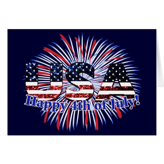 USA text flag fireworks Happy 4th of July card (Front Horizontal)