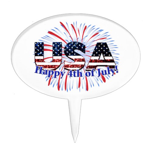 USA text flag glitters fireworks Happy 4th of July Cake Topper
