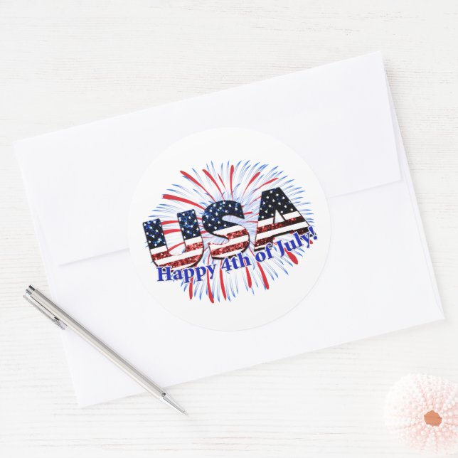 USA text flag glitters fireworks Happy 4th of July Classic Round Sticker (Envelope)