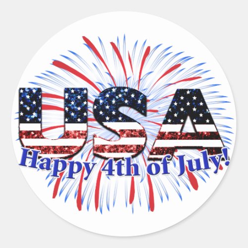 USA text flag glitters fireworks Happy 4th of July Classic Round Sticker