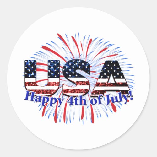 USA text flag glitters fireworks Happy 4th of July Classic Round Sticker