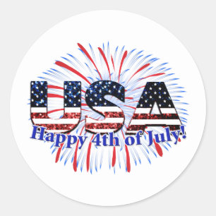 USA text flag glitters fireworks Happy 4th of July Classic Round Sticker