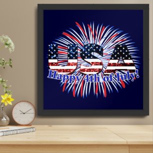 USA text flag glitters fireworks Happy 4th of July Framed Art
