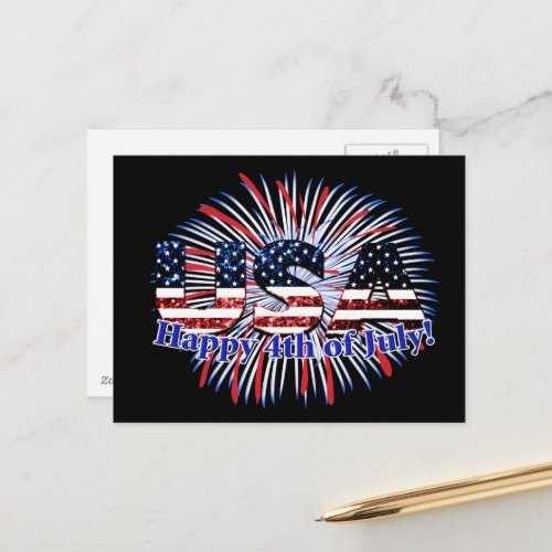 USA text flag glitters fireworks Happy 4th of July Postcard